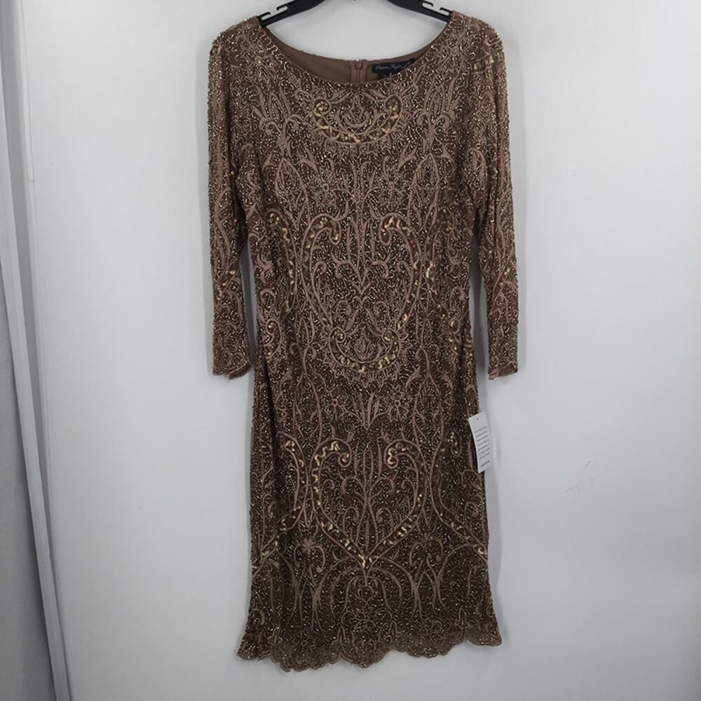 Pisarro Nights Beaded Sequin Embroidered Cocktail Dress Long Sleeve Tan Size 8 - Picture 3 of 12